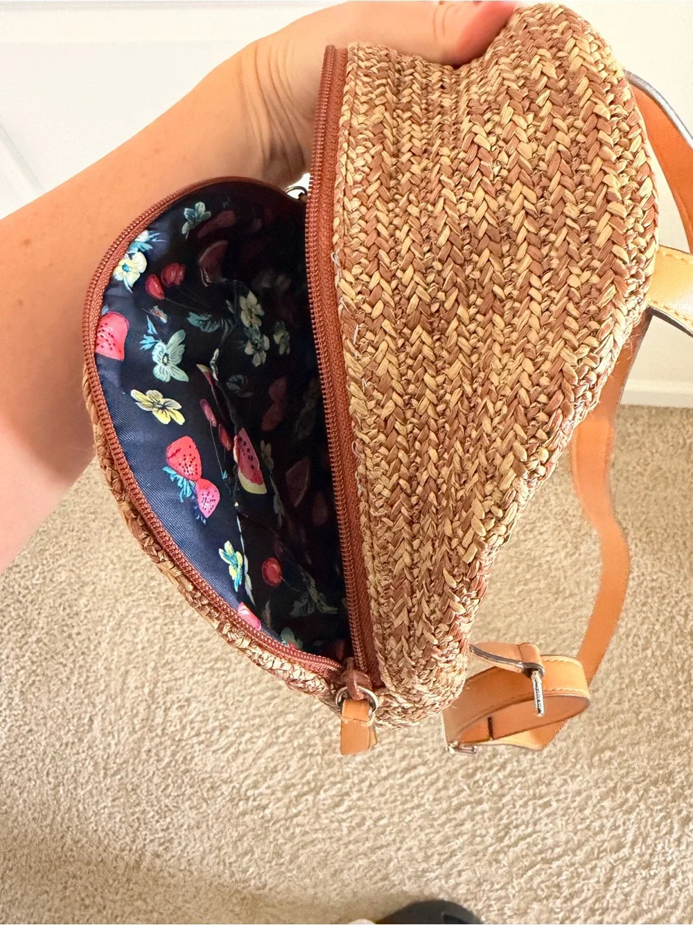 Vera Bradley Brown Straw Mini Backpack with Pink Strawberry Embroidery